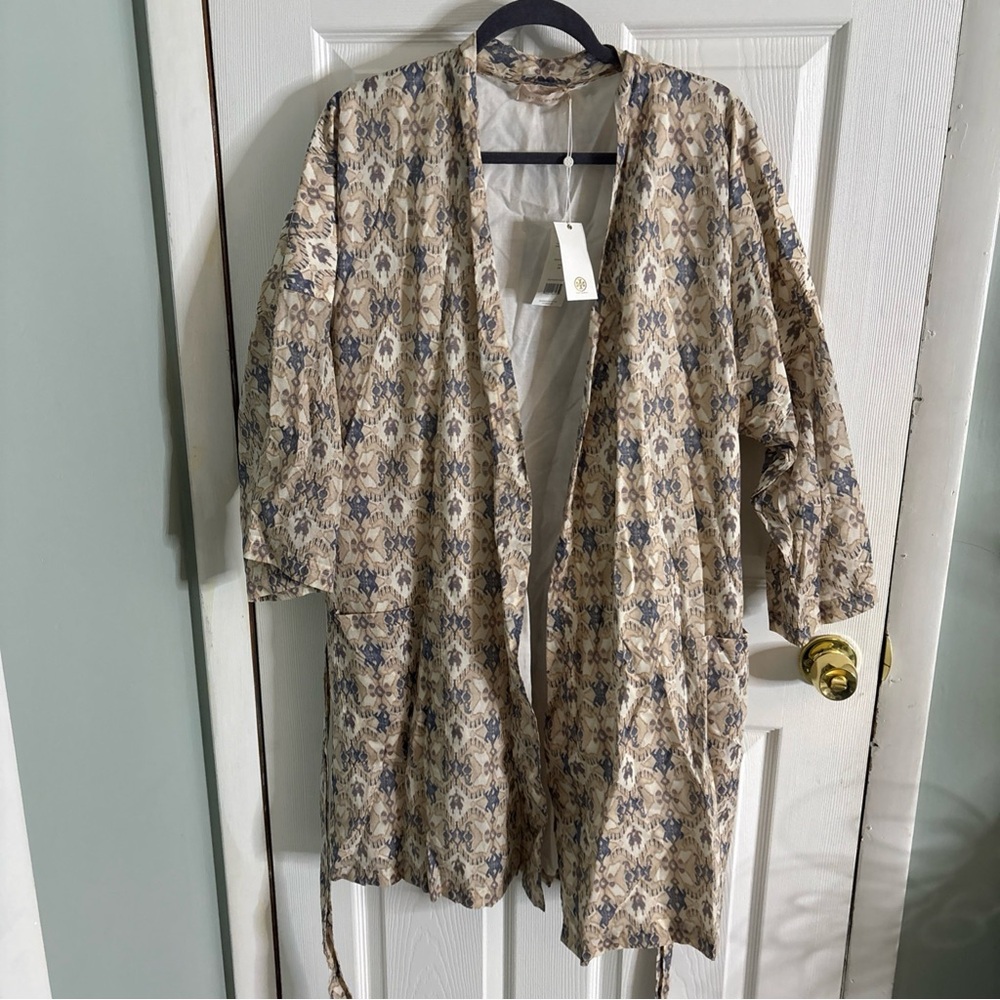 Tory Burch Beige and Navy Geometric Print Kimono